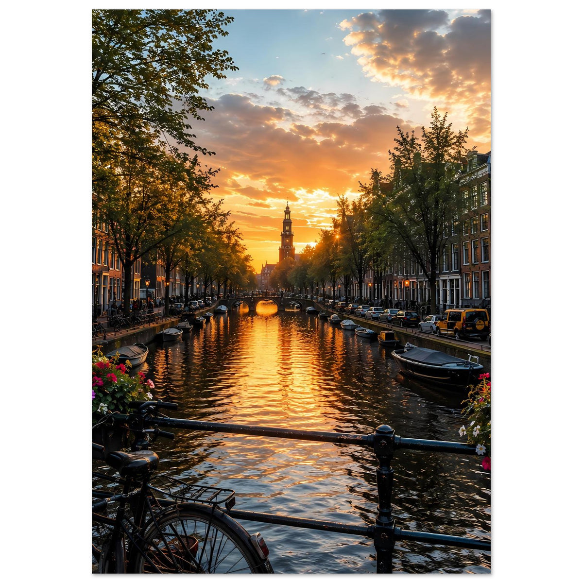Poster mit Kanalansicht bei Sonnenuntergang, Booten, Uferbäumen und Fahrradzubehör unten.