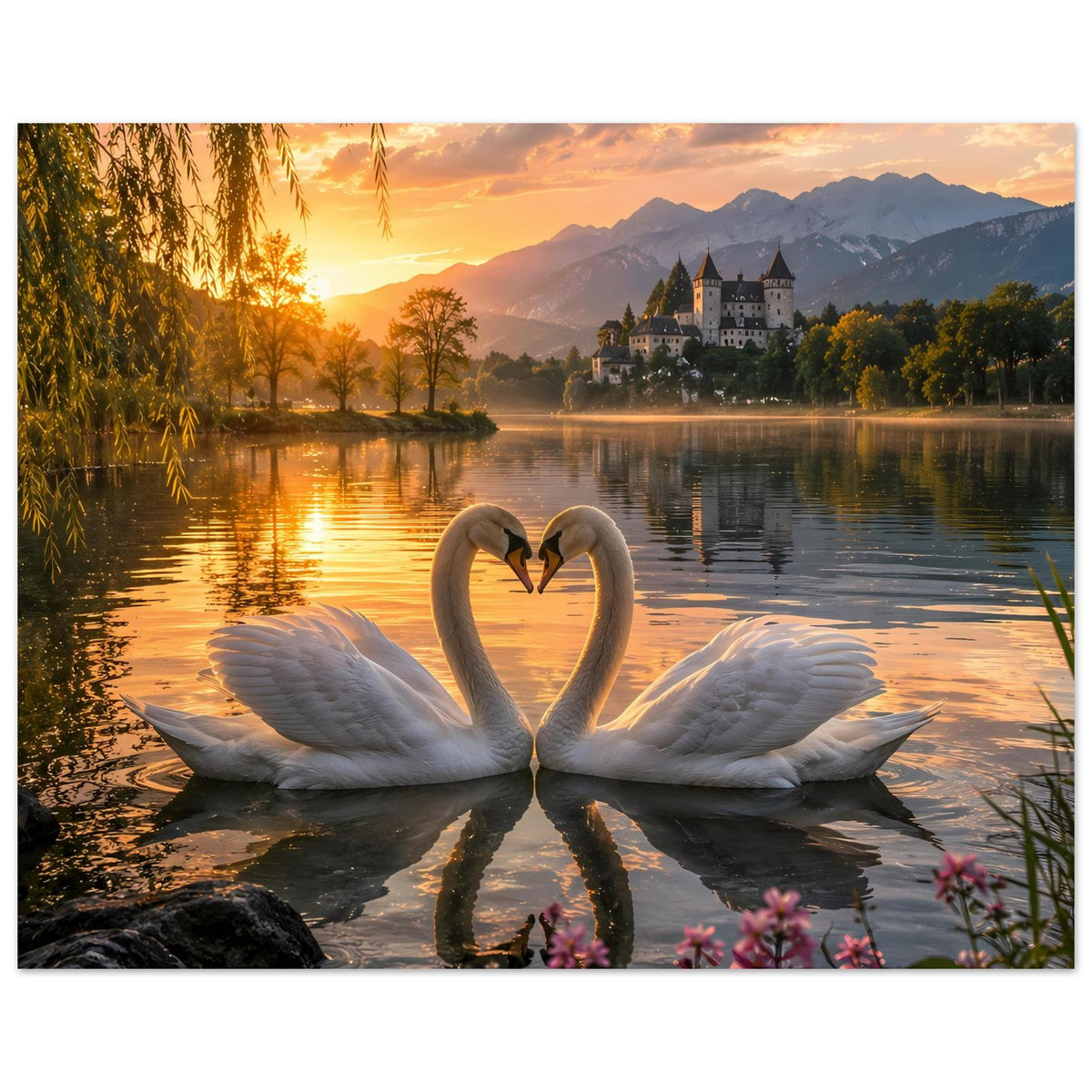 Poster: zwei Schwäne bilden ein Herz, Abendhimmel über Wasser, Schloss am Ufer