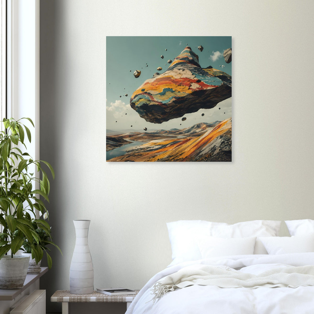 Quadratisches Poster mit schwebendem Berg, Felsbrocken und Landschaft in warmen Farben