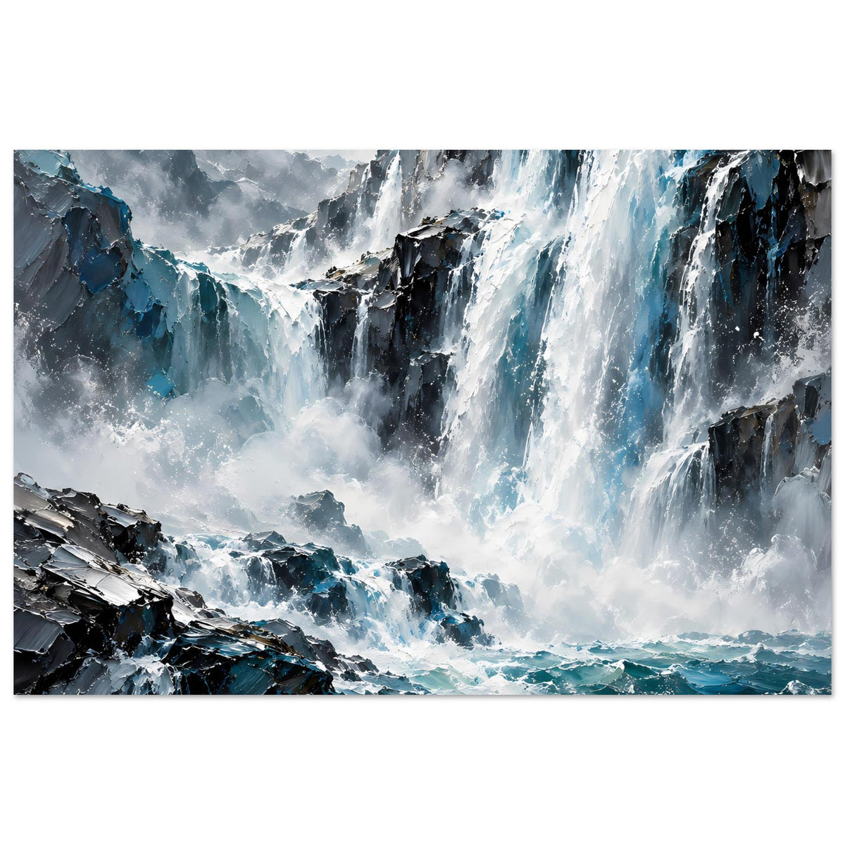 Horizontales Poster mit Wasserfall, Meereswellen im Vordergrund, Blau-Grau