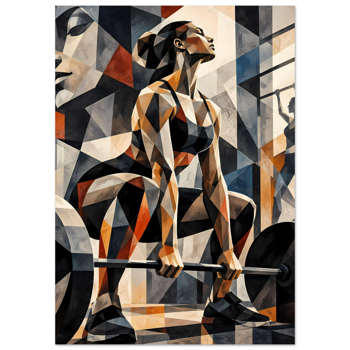 Vertikales Kraft-Fitness-Poster: geometrische Sportgrafik mit Langhantel, dynamische Farben und Formen