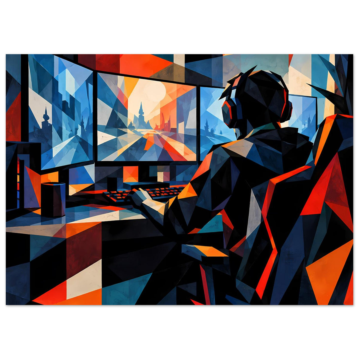 Gaming-Poster im Querformat mit abstraktem Spieler am Monitor, Headset-Figur in Blau-Orange