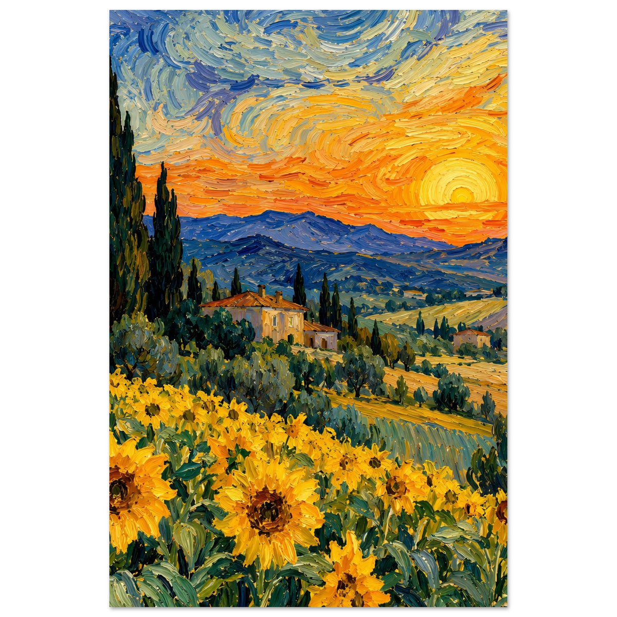Kunstposter im Hochformat: Sonnenblumen unten, Zypressen links, Abendsonne am Himmel