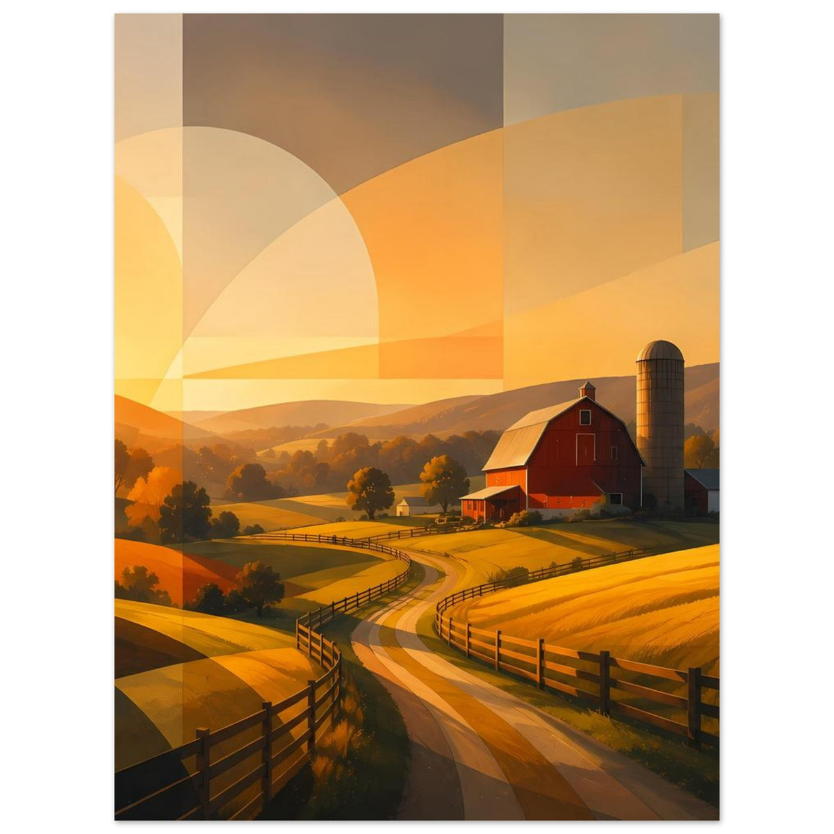Hochkant-Poster: rote Scheune, Siloturm, goldene Felder mit geometrischen Formen