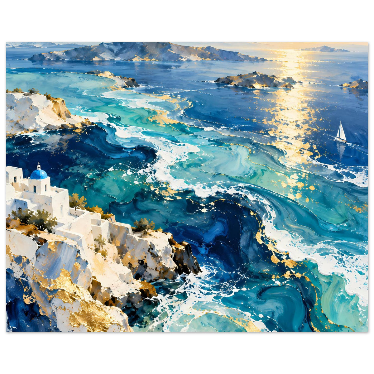 Querformat-Poster mit Küste: weiße Häuser an Klippen, türkisblaues Meer und Segelboot