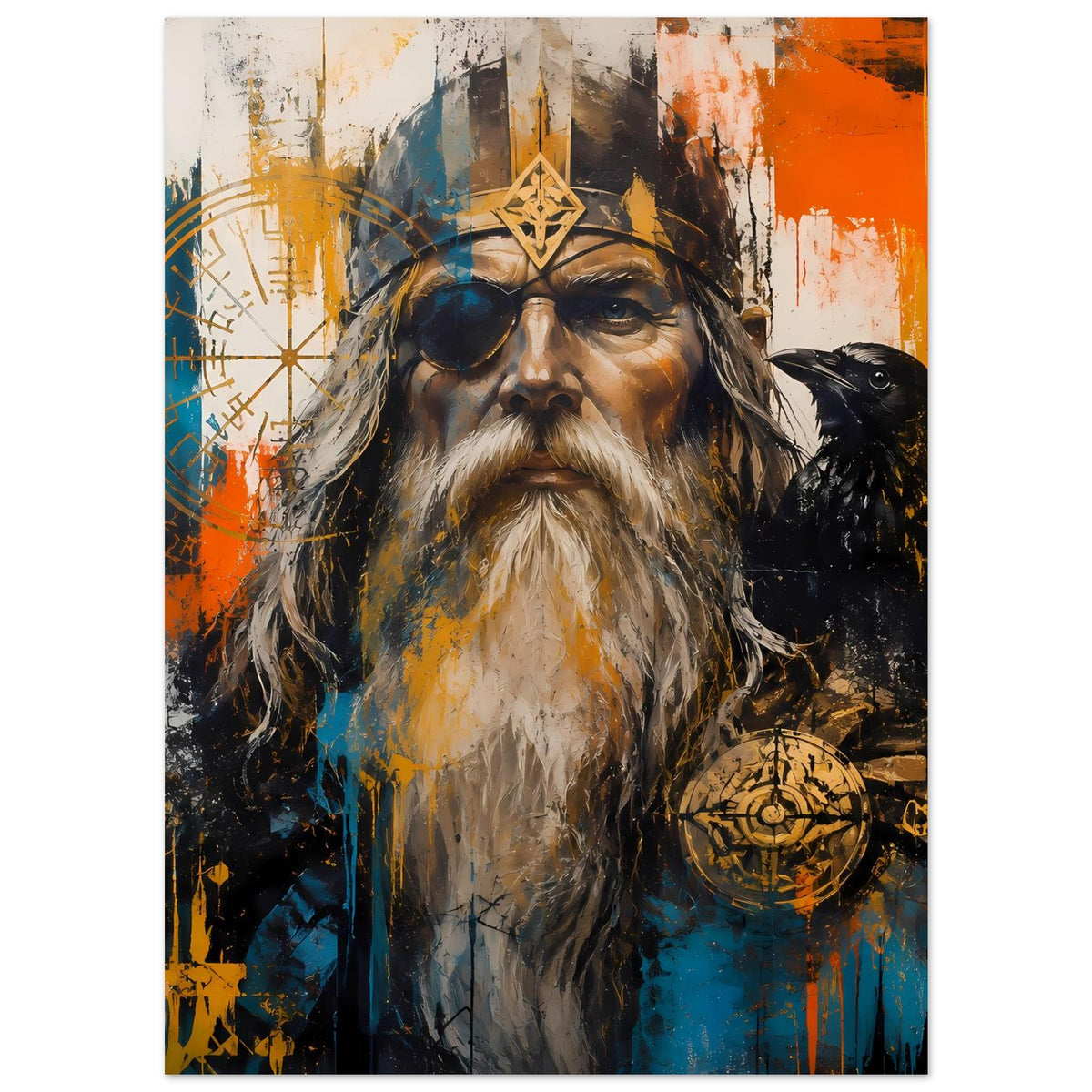 Poster mit Wikingerporträt: Augenklappe, Rabe und markantes Bartgesicht in kontrastreichem Stil