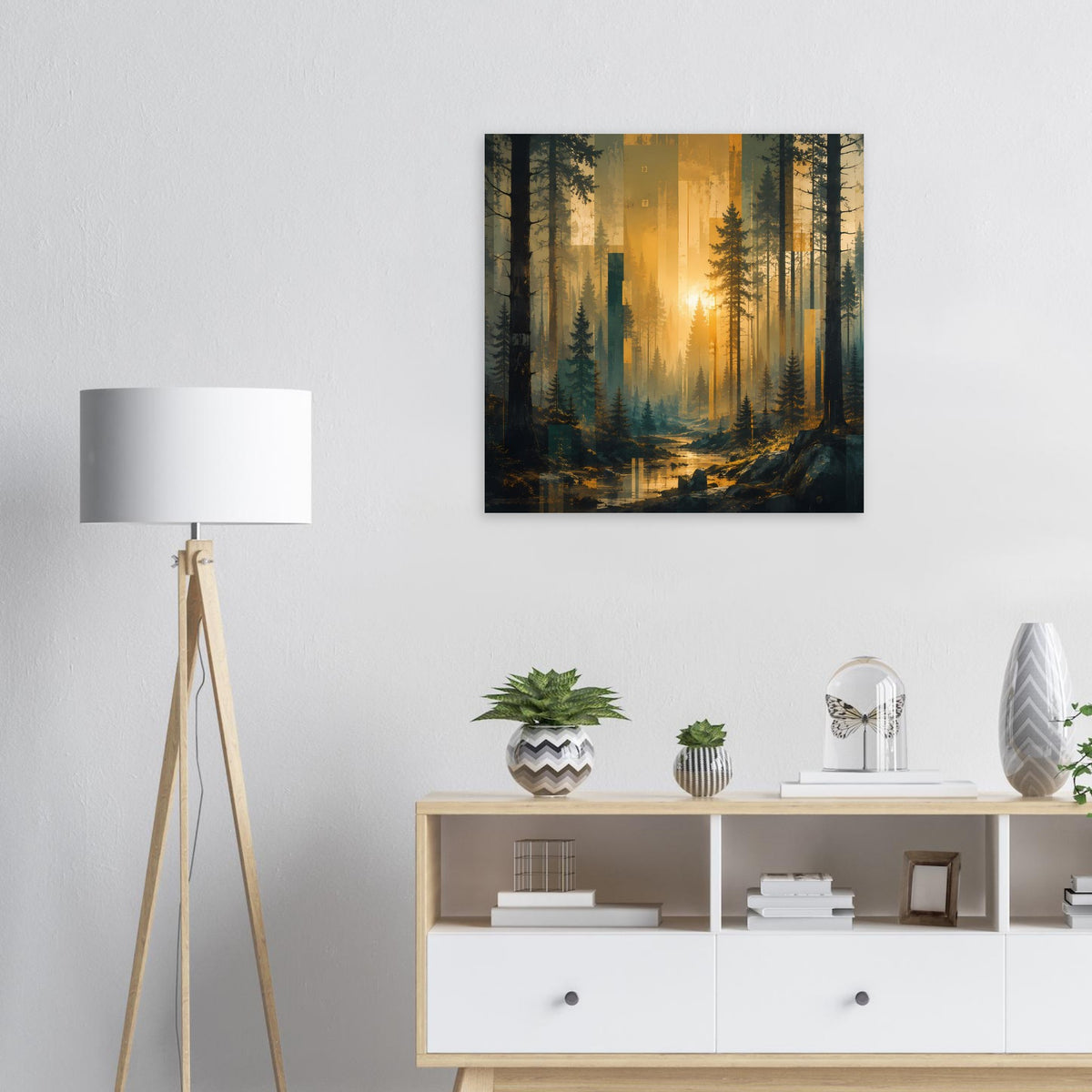 Quadratisches Wald-Landschaftsposter mit goldenem Sonnenlicht im Nadelwald