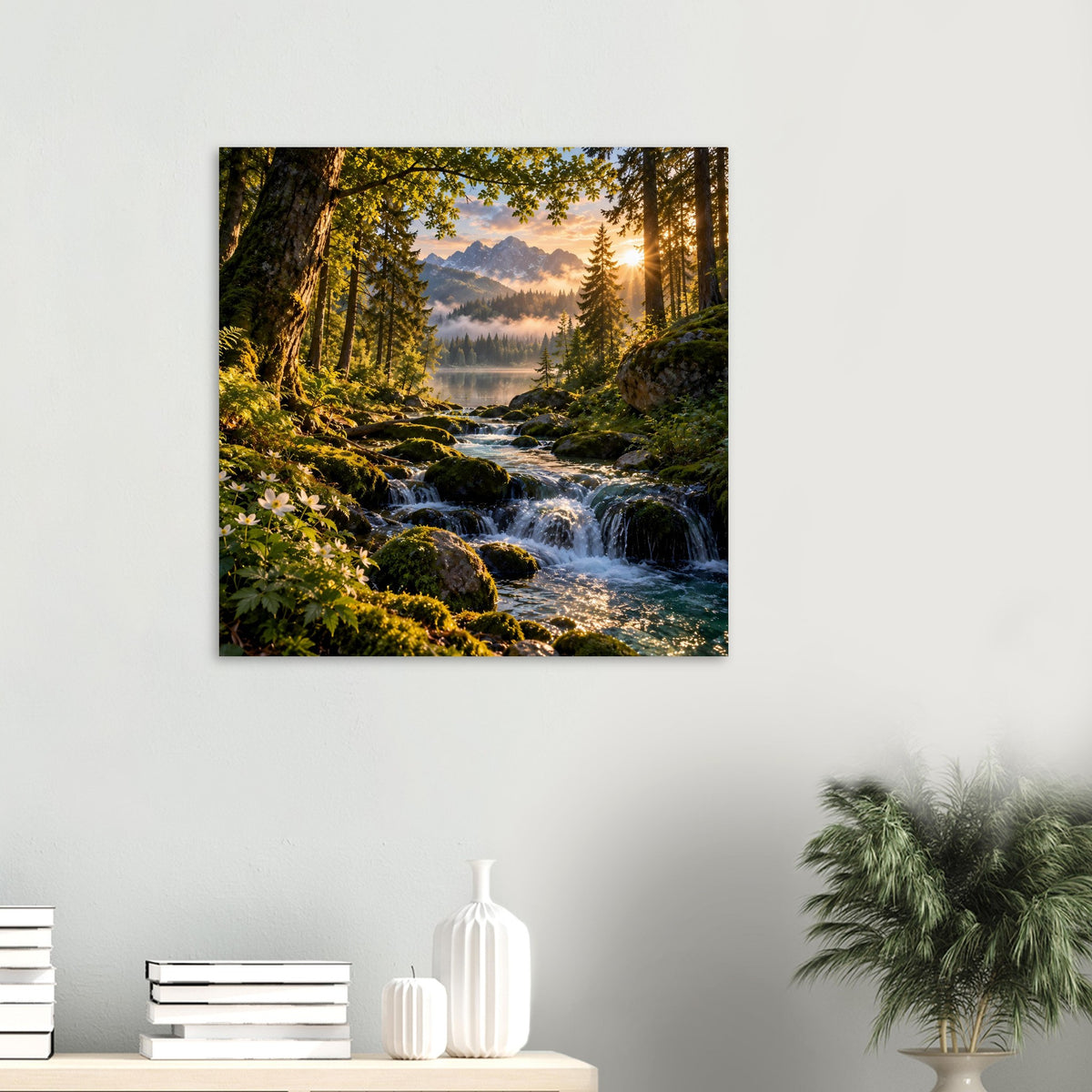 Kleines Wasserfall-Waldposter mit schäumendem Bach, moosigen Steinen, Kiefern und goldenem Licht.