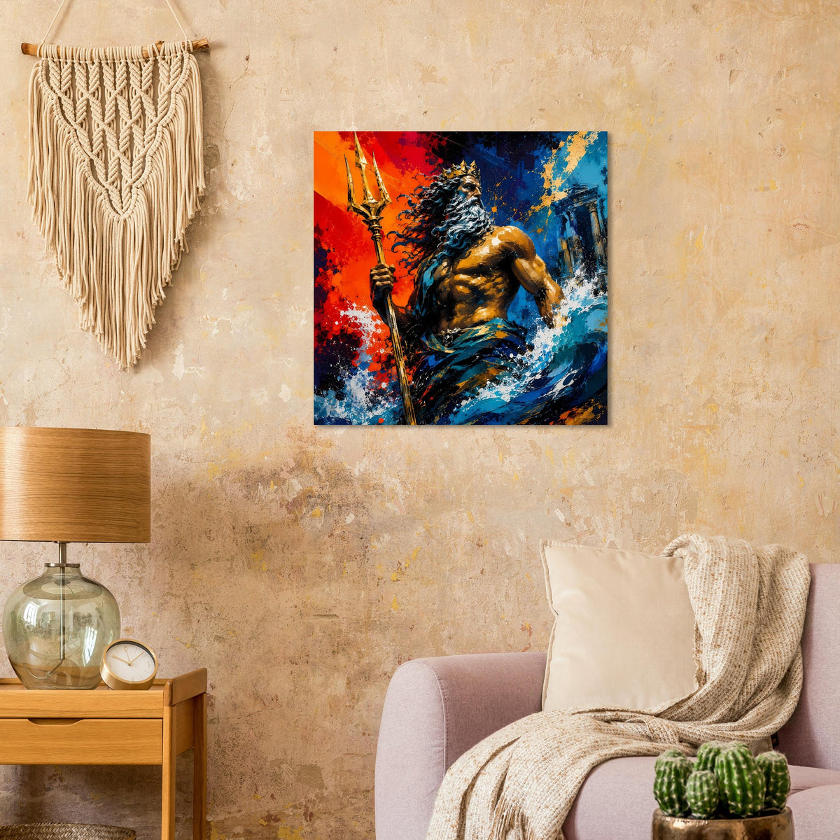 Gerahmtes Poster mit Meeresgott und Dreizack, goldene Haut, Blau-Orange Spritzer.