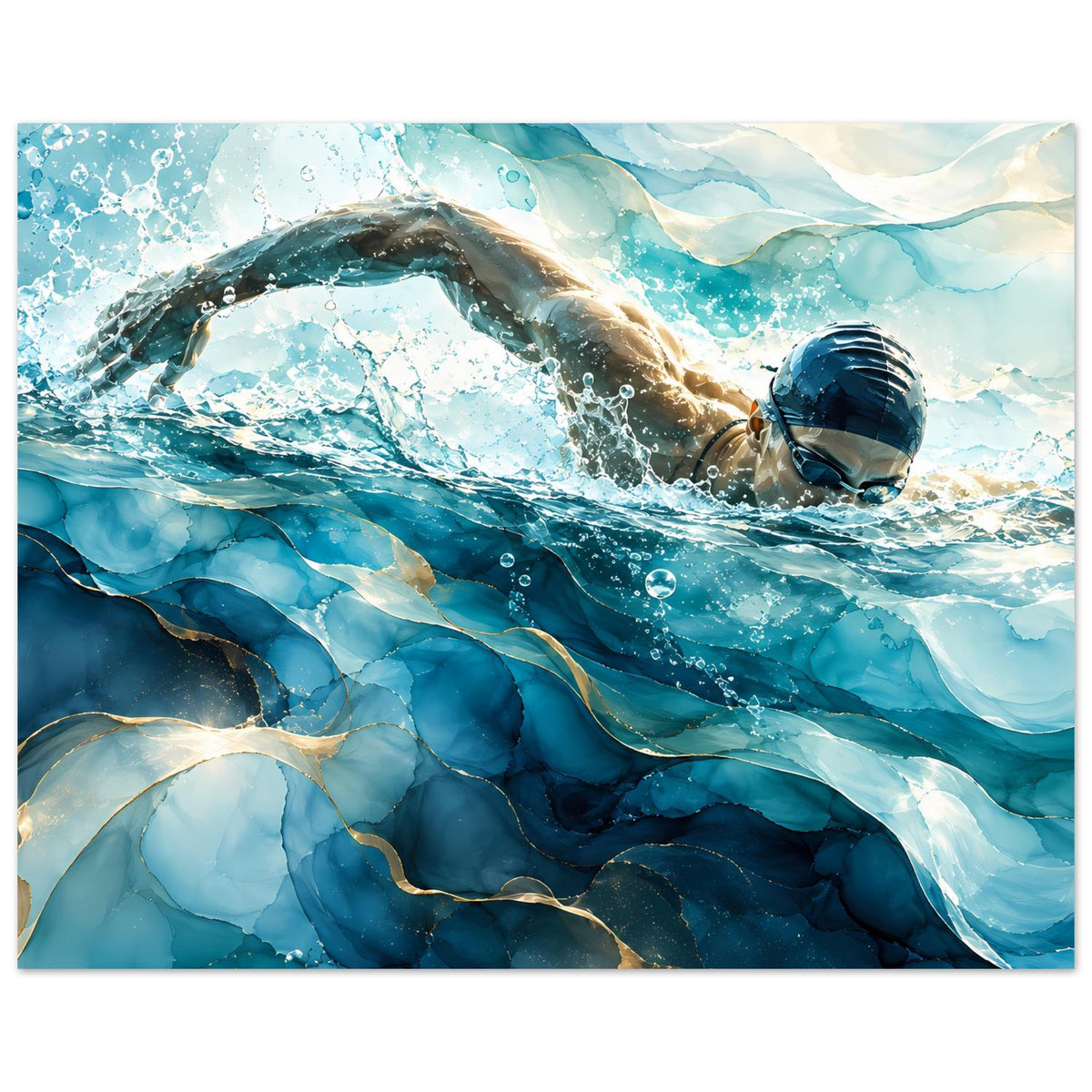 Wandposter im Querformat mit Schwimmer in Blau, große Wasserwellen und Bläschen