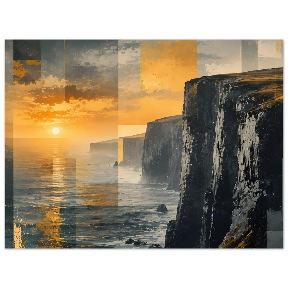 Poster mit Sonnenuntergang über dem Meer und Küstenklippen, breit im Rahmen