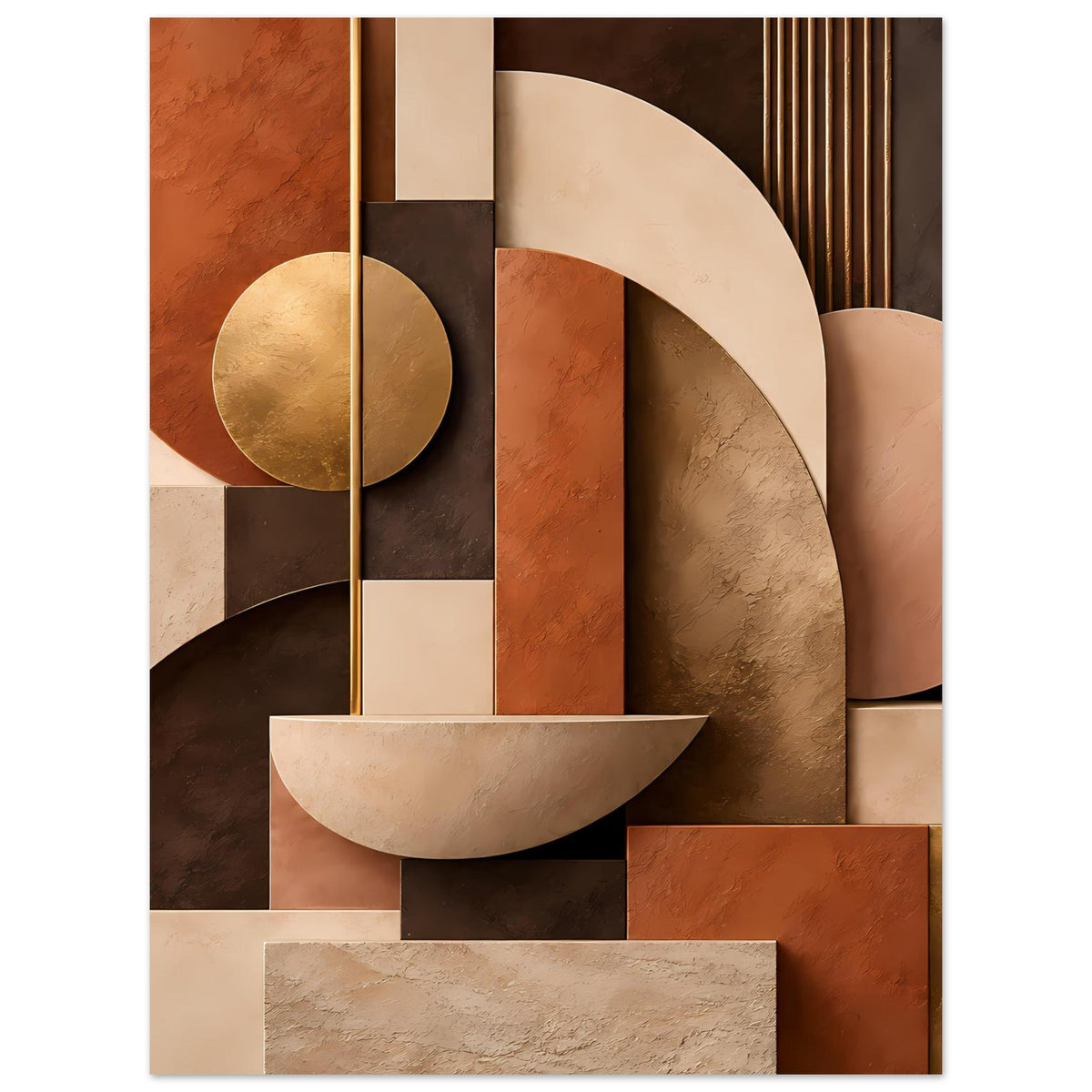 Kunstposter mit runden und gebogenen Formen sowie Rechteckflächen in Terrakotta, Beige und Gold