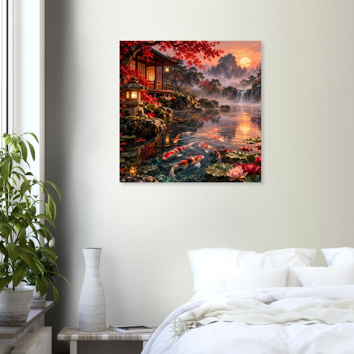 Gerahmtes Poster mit Koi im Wasserlauf, Felsen am Ufer und Abendlicht
