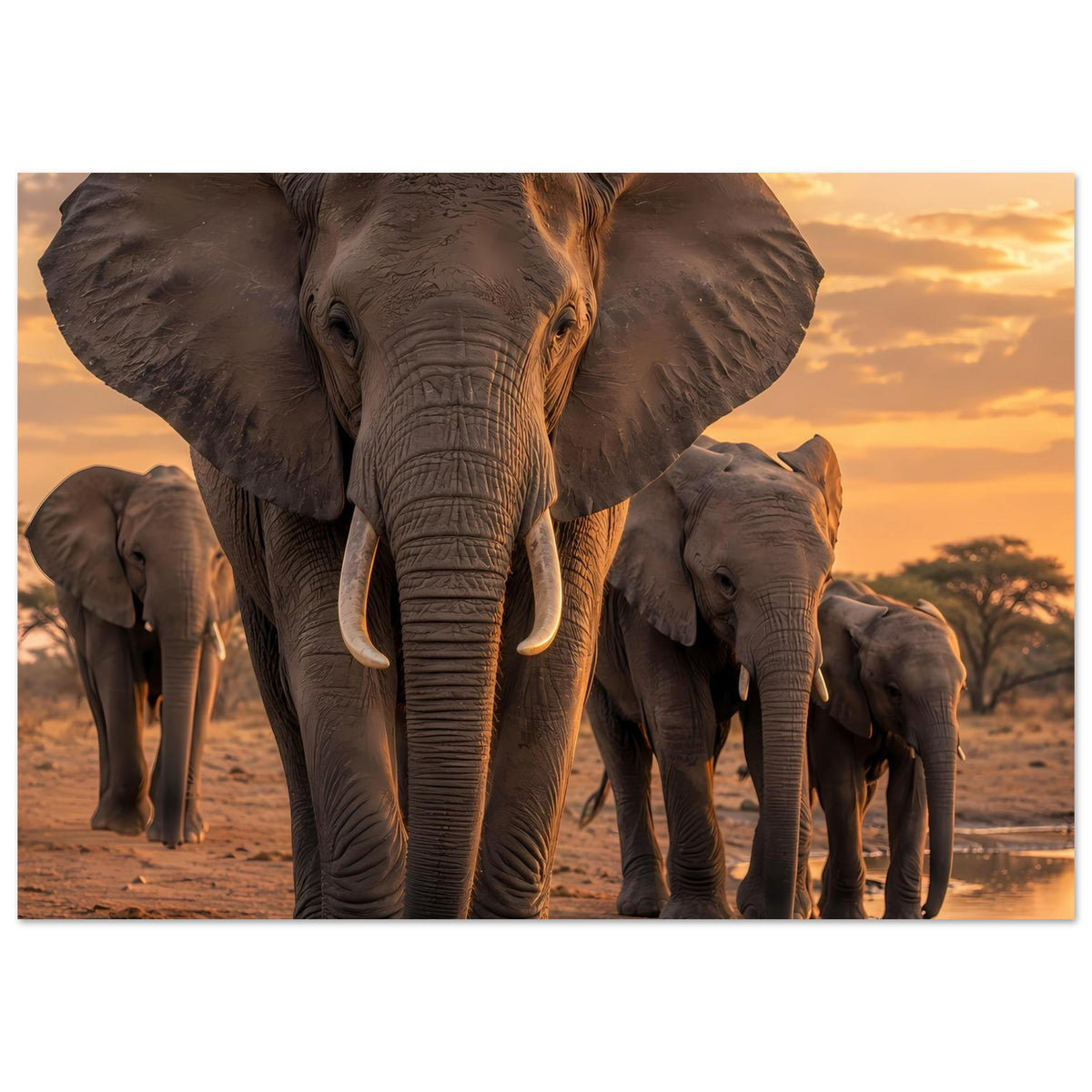 Poster im Querformat: Elefantenherde, großer Elefant vorn, weitere Tiere dahinter
