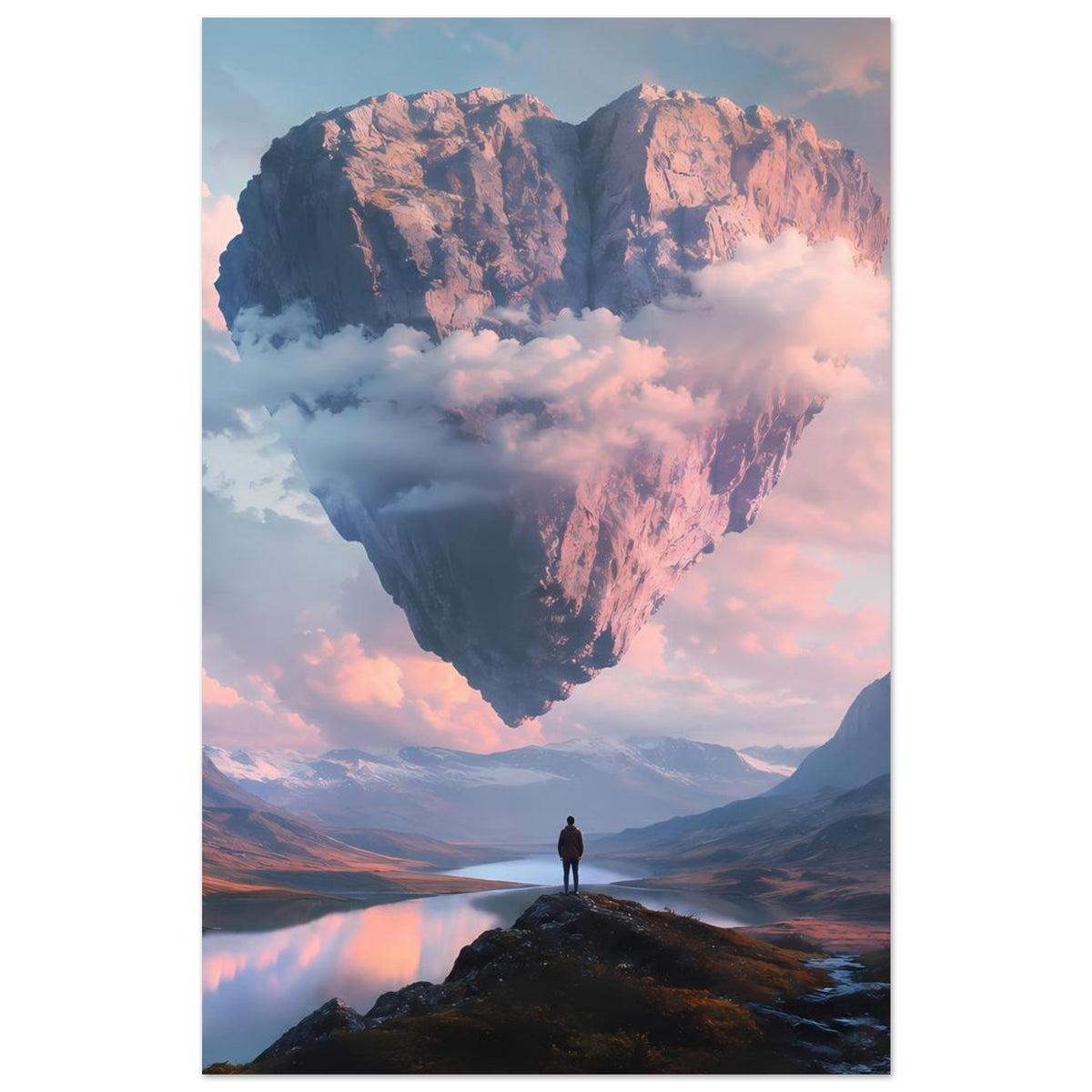 Poster mit Felsherz über Bergsee, Bergkuppe und kleiner Person am Rand