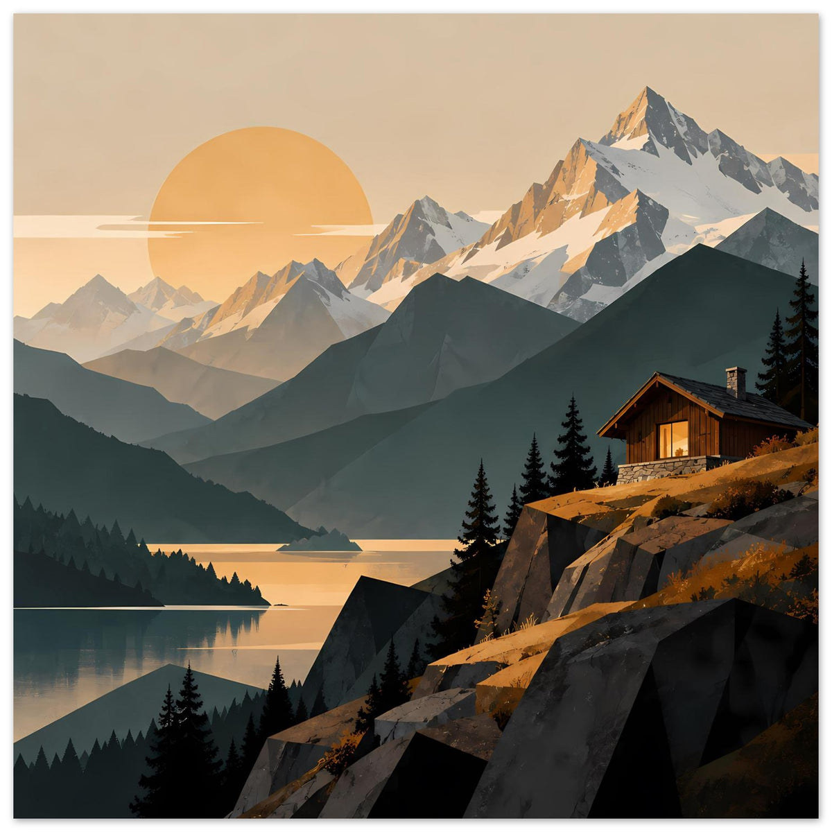 Vertikales Poster mit Alpenblick: See mit Spiegelung, Tannen, Holzhaus, Abendsonne