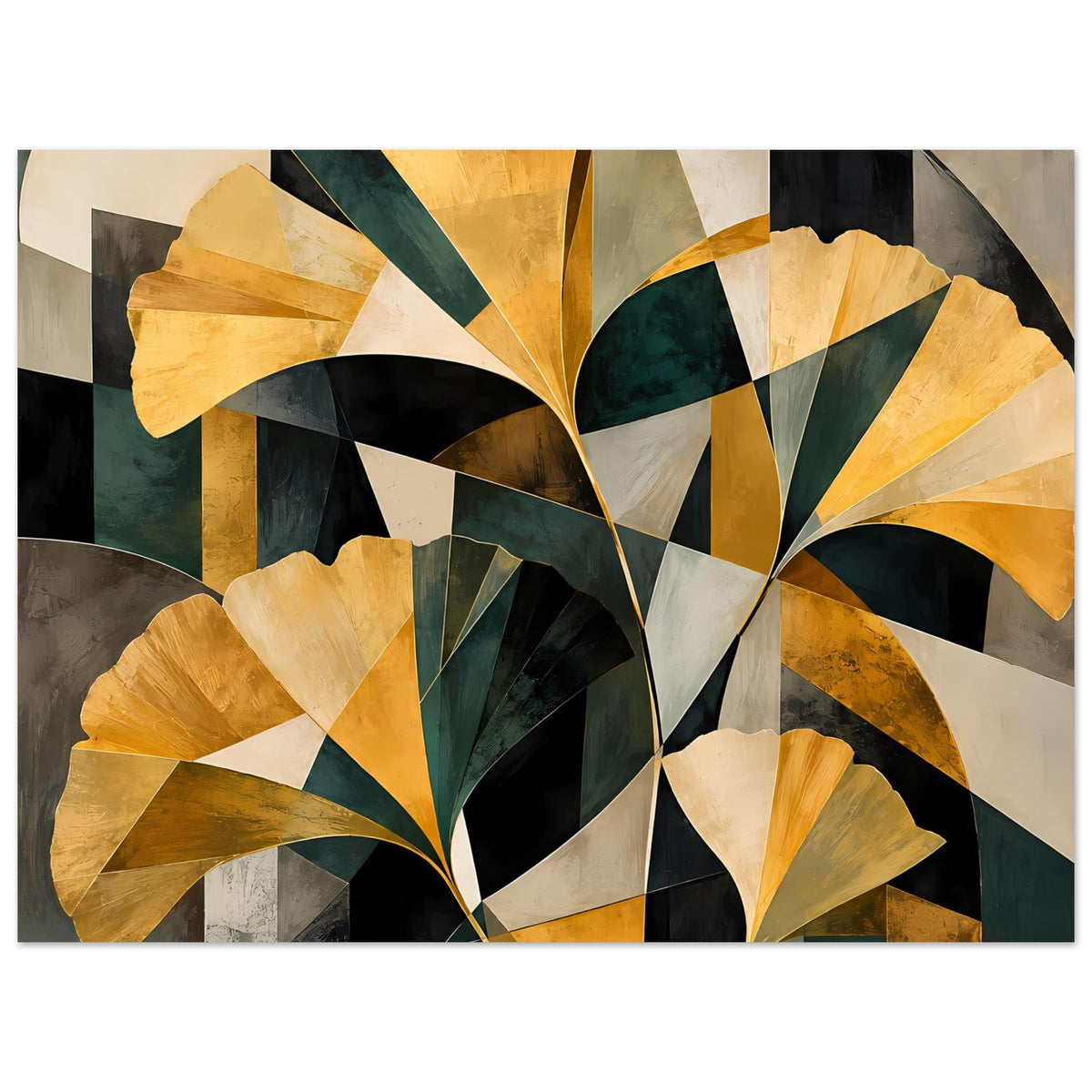 Abstraktes Floral-Poster im Querformat mit goldenen Blüten, tiefgrünen Linien und hellen Flächen