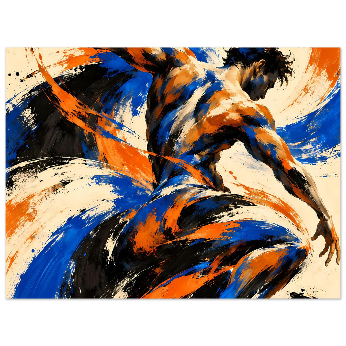 Kunstposter mit abstrakter Aktfigur, intensive Pinselbahnen in Blau, Orange, Schwarz