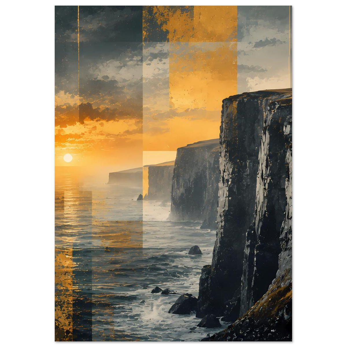 Poster im Hochformat: Sonnenuntergang über dem Meer, dunkle Klippen und goldener Himmel
