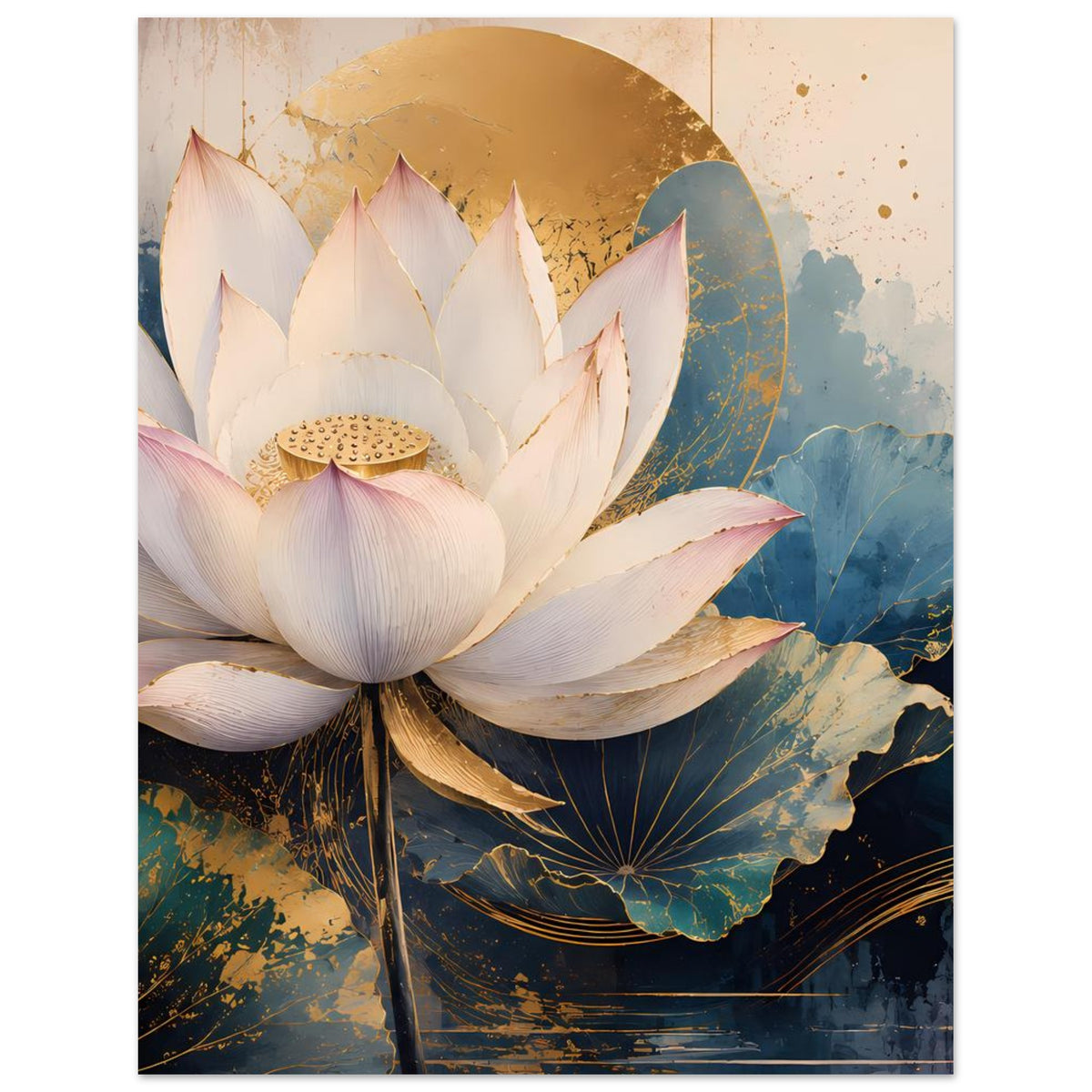 Gerahmtes Lotusblumen-Poster mit weißen Blüten, blauem Wasserlotos und goldenen Linien