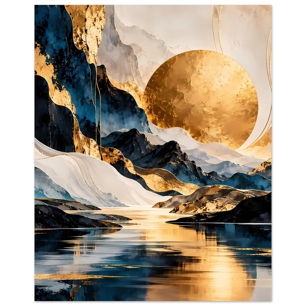 Kunstposter mit abstrakter Berglandschaft, goldenem Mond und spiegelndem Wasser