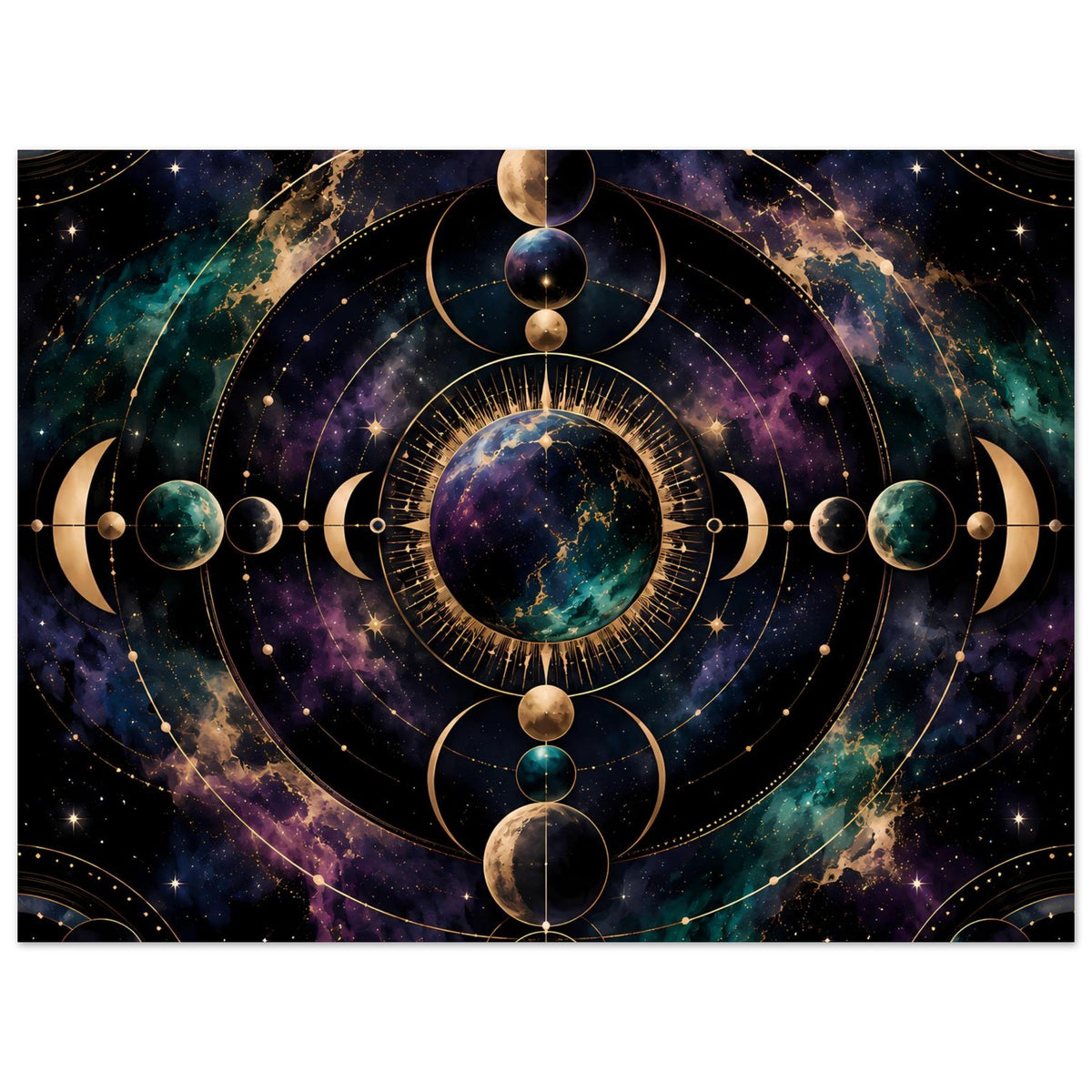 Poster mit kosmischem Mondphasen-Motiv und blau-grüner Planetenkugel, im Querformat