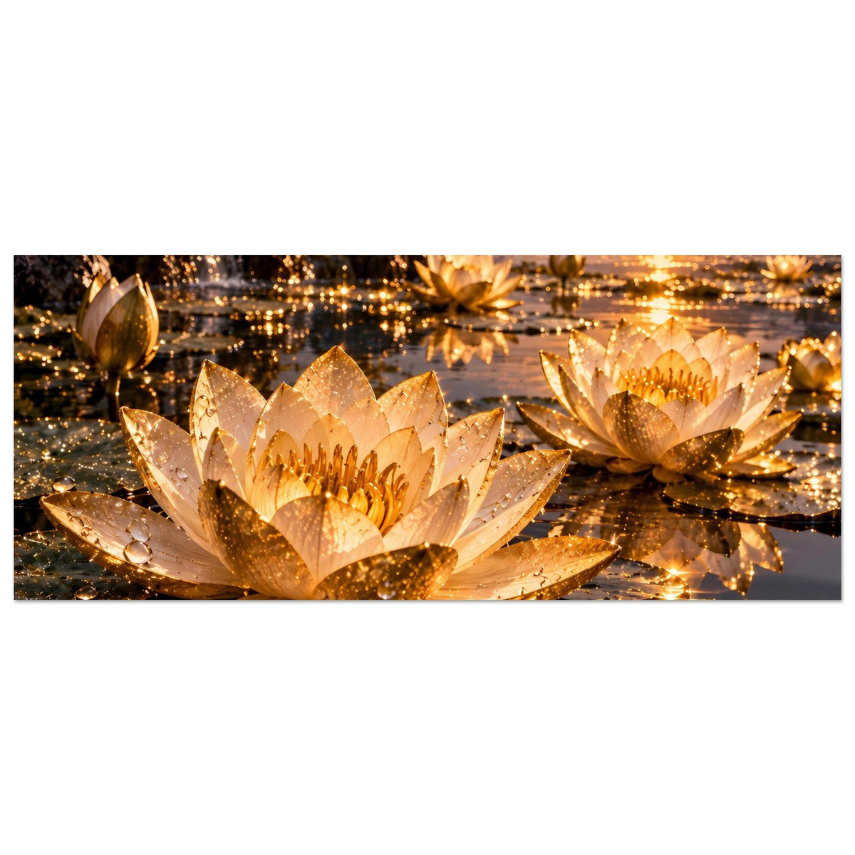 Horizontales Poster mit goldenen Lotusblüten, Lichterglanz und ruhiger Wasseroberfläche