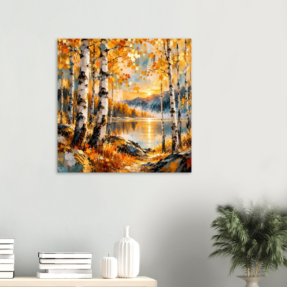 Quadratisches Poster: Birkenwald im Herbst mit orangefarbenem Laub und Abendsonne am See
