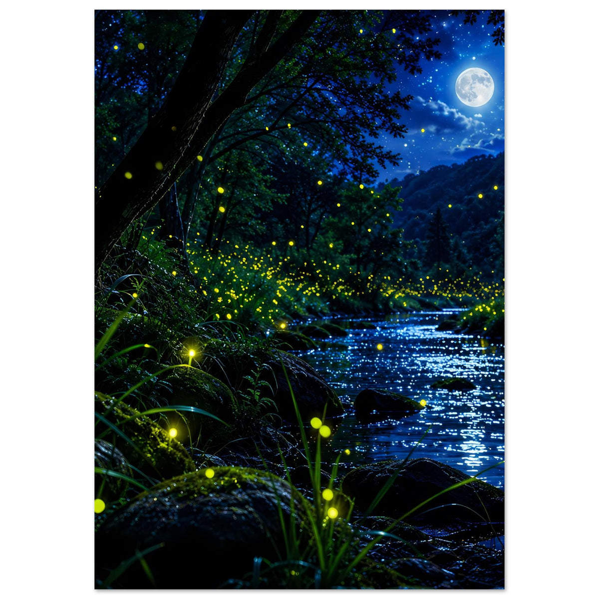 Vertikales Poster: Wald bei Nacht mit Mond, Fluss und gelb leuchtenden Glühwürmchen