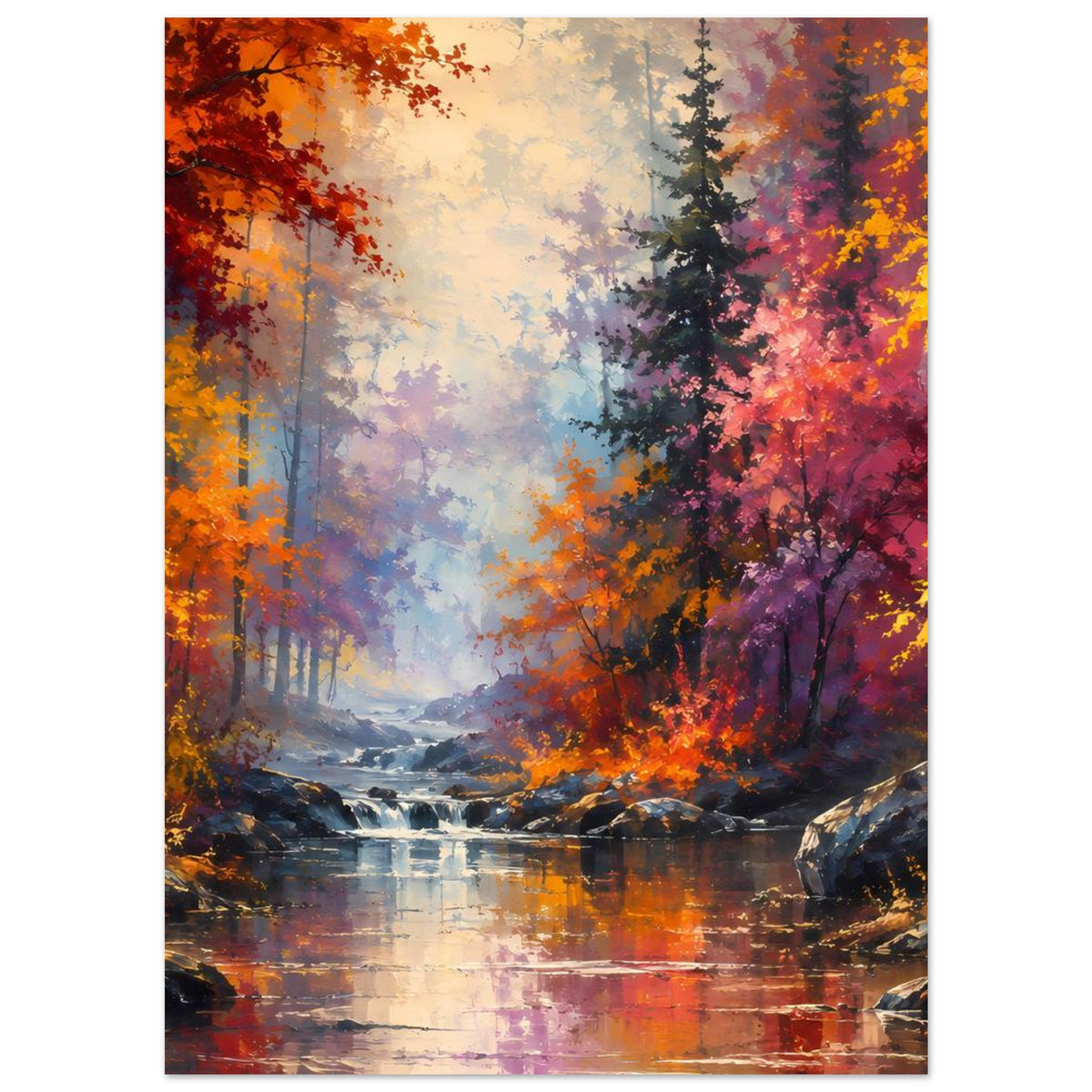 Herbstwald-Panorama-Poster: Fluss im Vordergrund, bunte Bäume und dichter Wald im Hintergrund