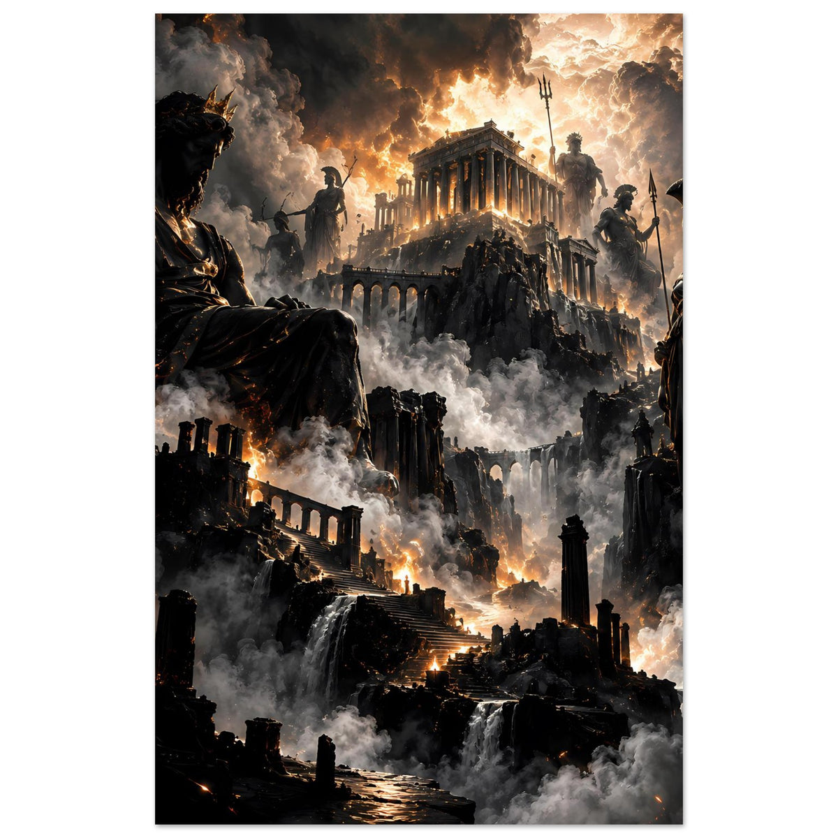 Vertikales Fantasy-Poster: Ruinenstadt, zwei stehende Gestalten und Feuerlicht am Horizont