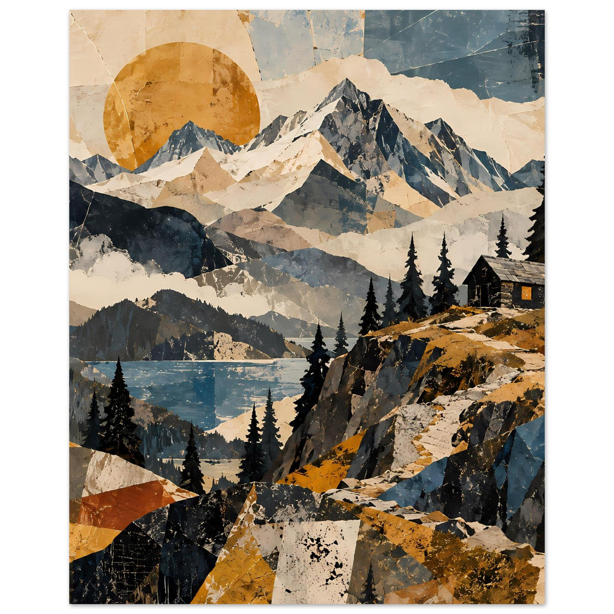 Naturposter im Hochformat mit Bergen, See, Tannen und Berghütte, goldene Sonnenform