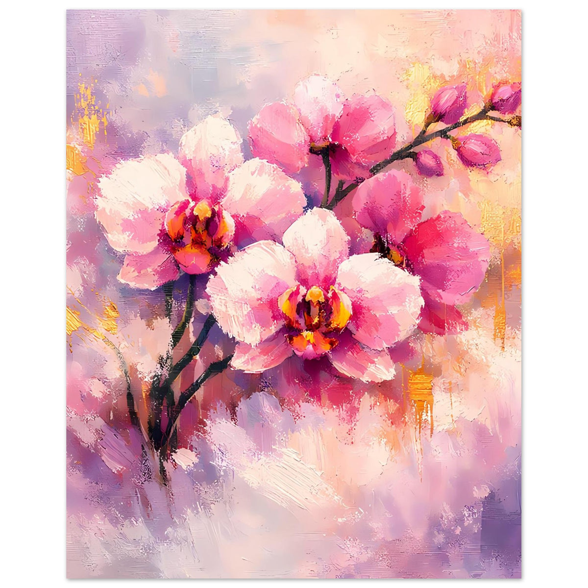 Poster mit rosa und weißen Orchideenblüten, dunklem Zweig und goldenen Akzenten