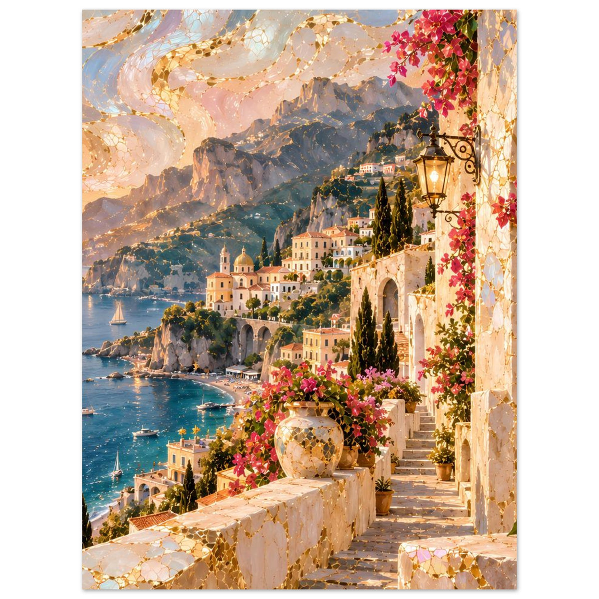 Vertikales Poster mit mediterraner Küste: Sonnenuntergang, Bergdorf, Meer, Blumen und Laterne