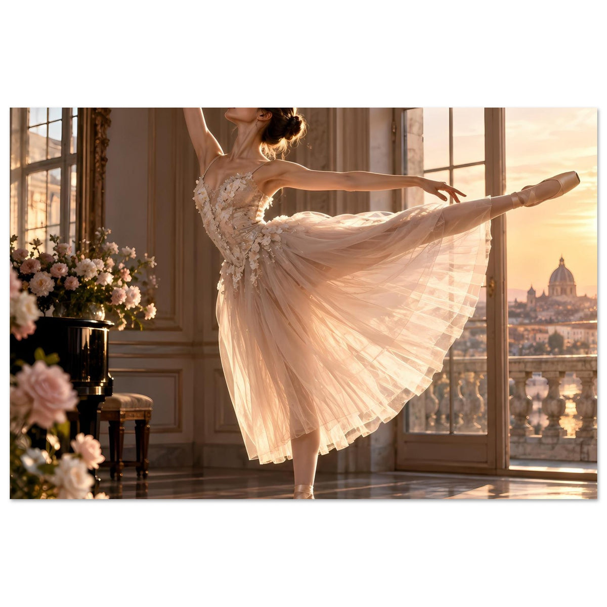 Ballerina im goldenen Tutu auf Poster, fließender Rock mit feiner Spitze