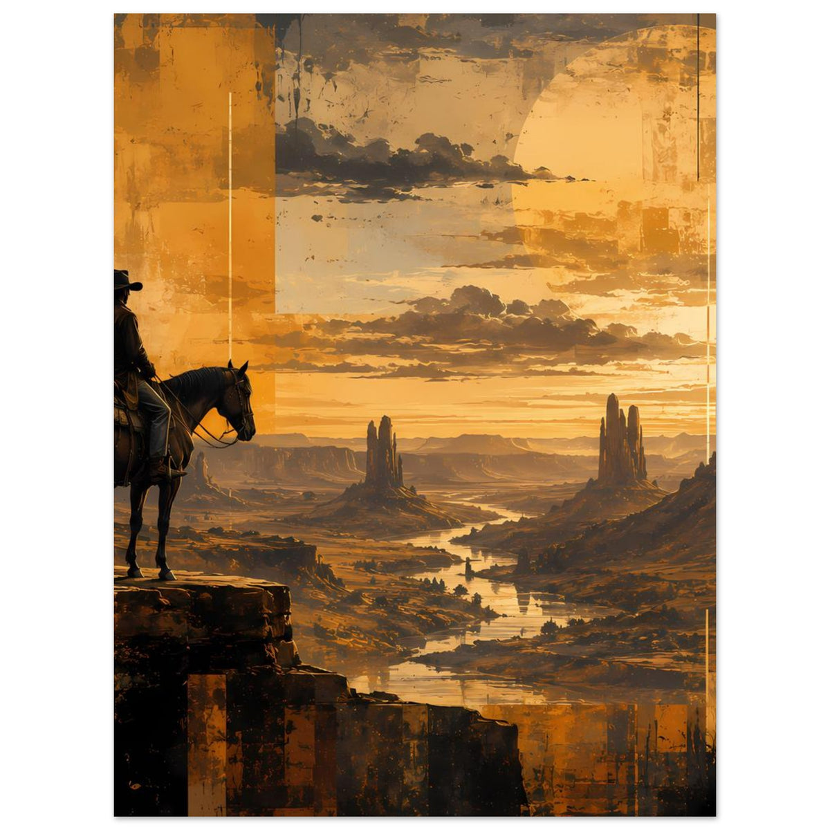 Vertikales Poster: Cowboy mit schwarzem Pferd auf Fels, Wüstenkanäle und Monumente im warmen Abendlicht