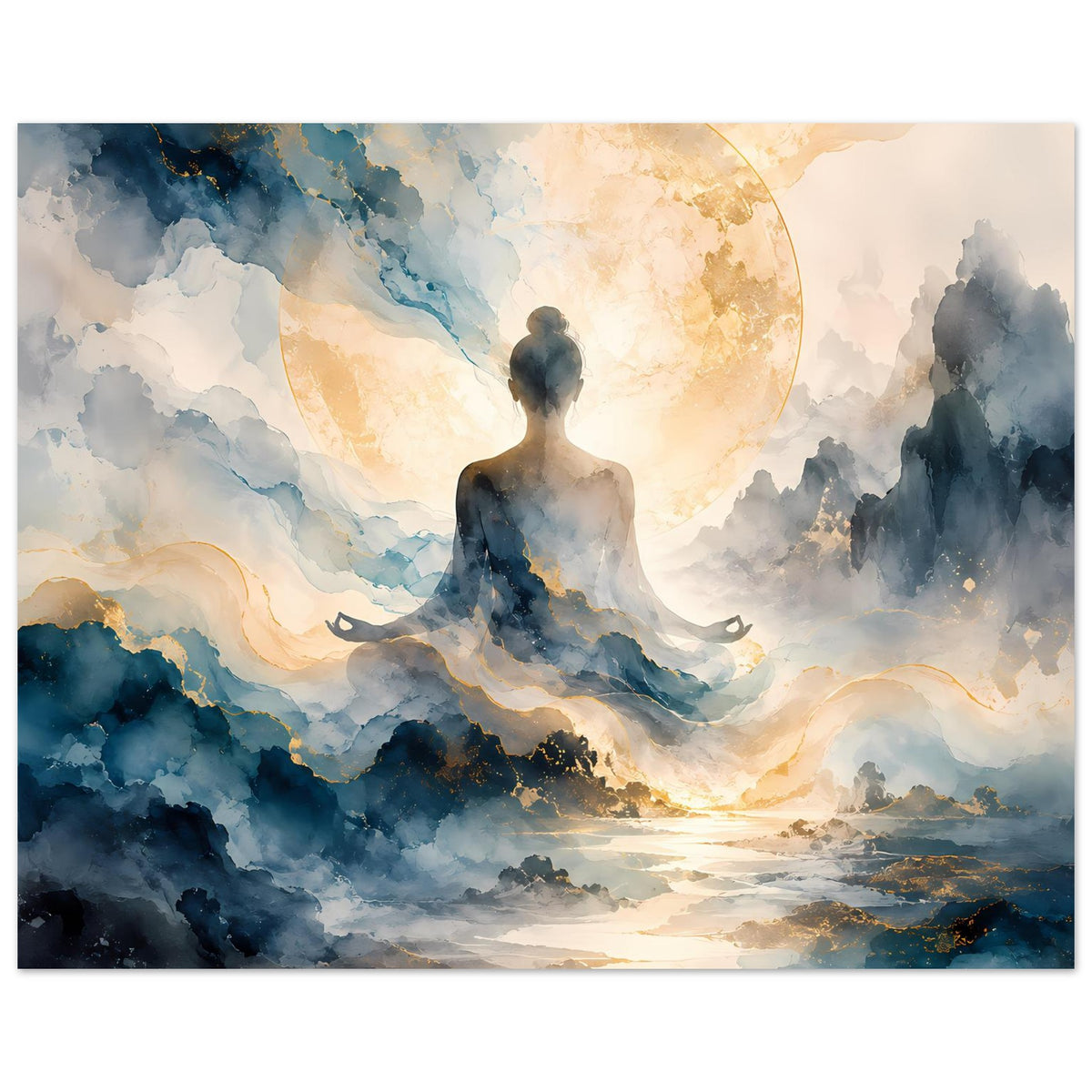 Abstraktes Wandposter: Person im Lotussitz vor blauem Nebel, goldene Lichtscheibe über Wolken