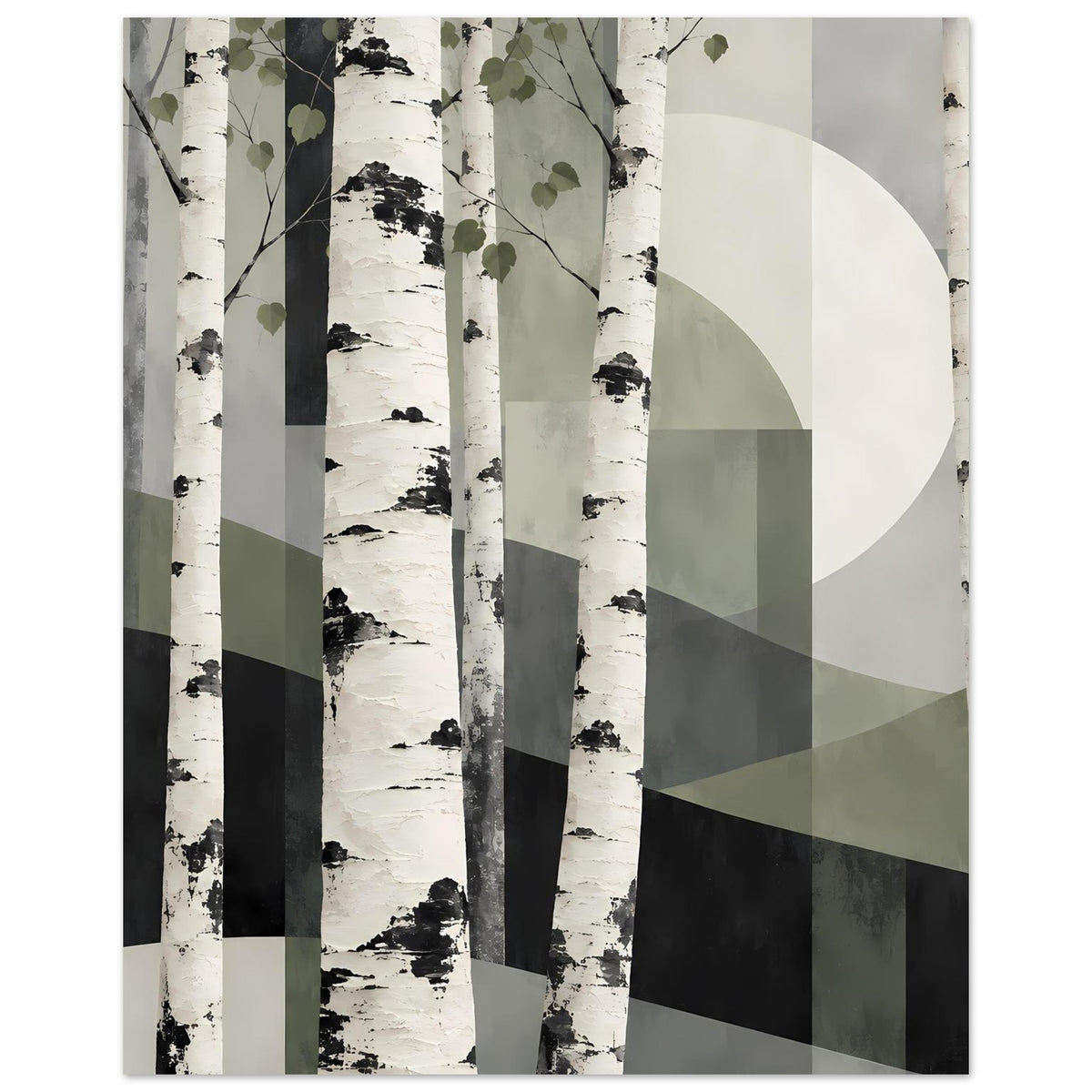 Naturposter mit Birkenwald-Illustration, weiße Baumstämme, grüne Blätter und geometrische Flächen