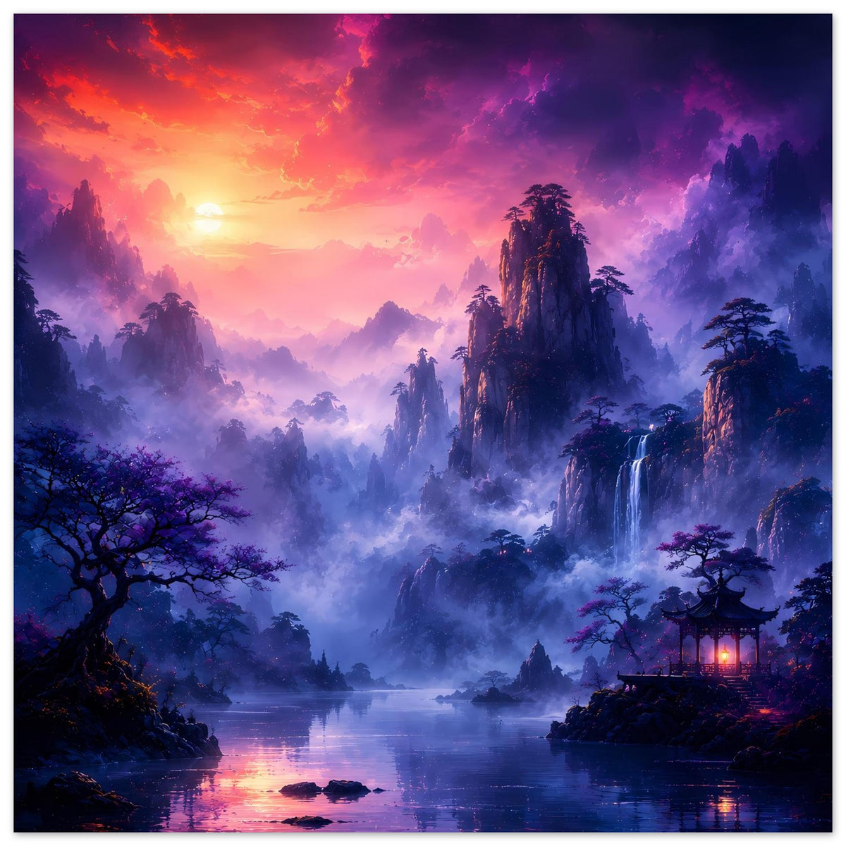 Fantasy-Poster mit Sonnenuntergang und violettem Nebel: See, Wasserfall, Bäume und leuchtende Hütte