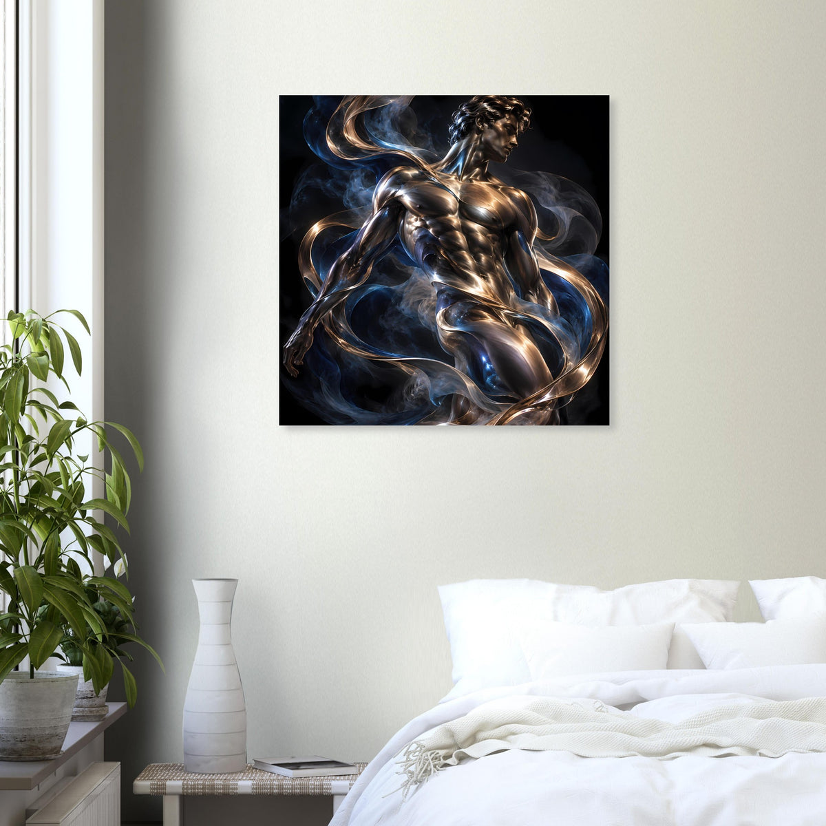 Quadratisches Poster im schwarzen Rahmen: goldene und blaue abstrakte Skulptur