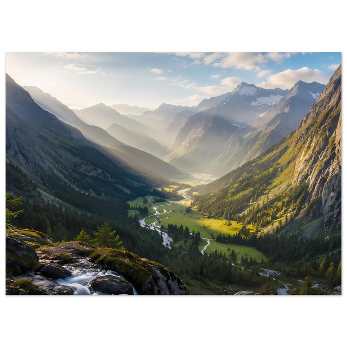 Landschafts-Poster mit Bergtal, Flusslauf und Morgenlicht, Querformat