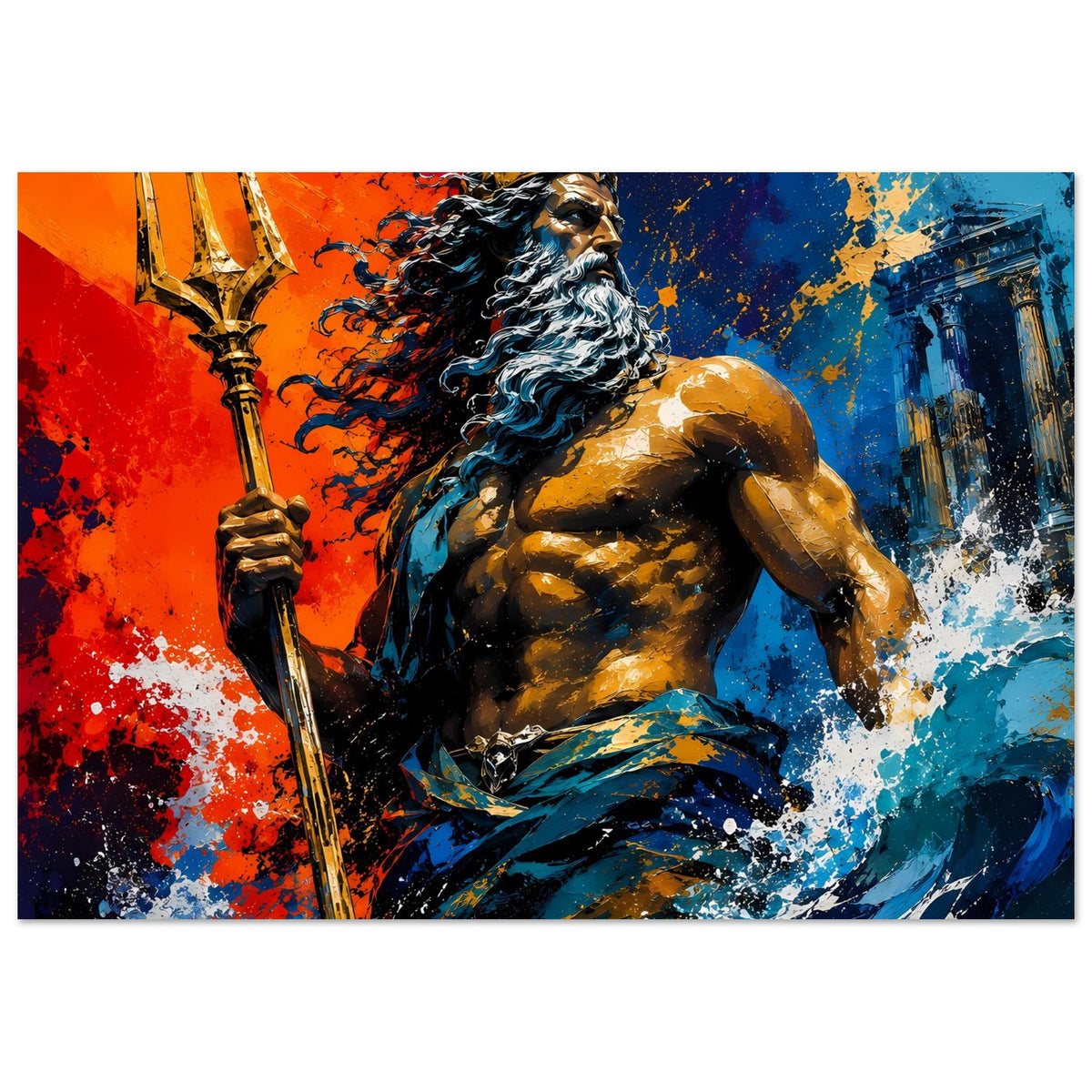 Breites Poster: mythologischer Gott mit Krone, Bart und Speer, blau-rote Spritzbemalung.