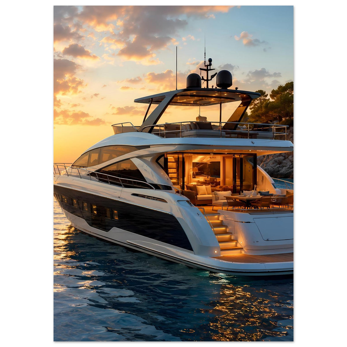 Vertikales Poster: Luxus-Motoryacht, seitlicher Blick, weiß-grauer Rumpf und Bugbereich