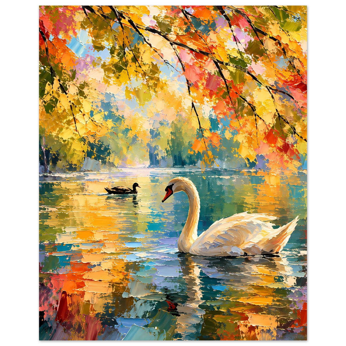 Herbstposter mit weißem Schwan, bunten Ästen über dem See und warmen Farbübergängen