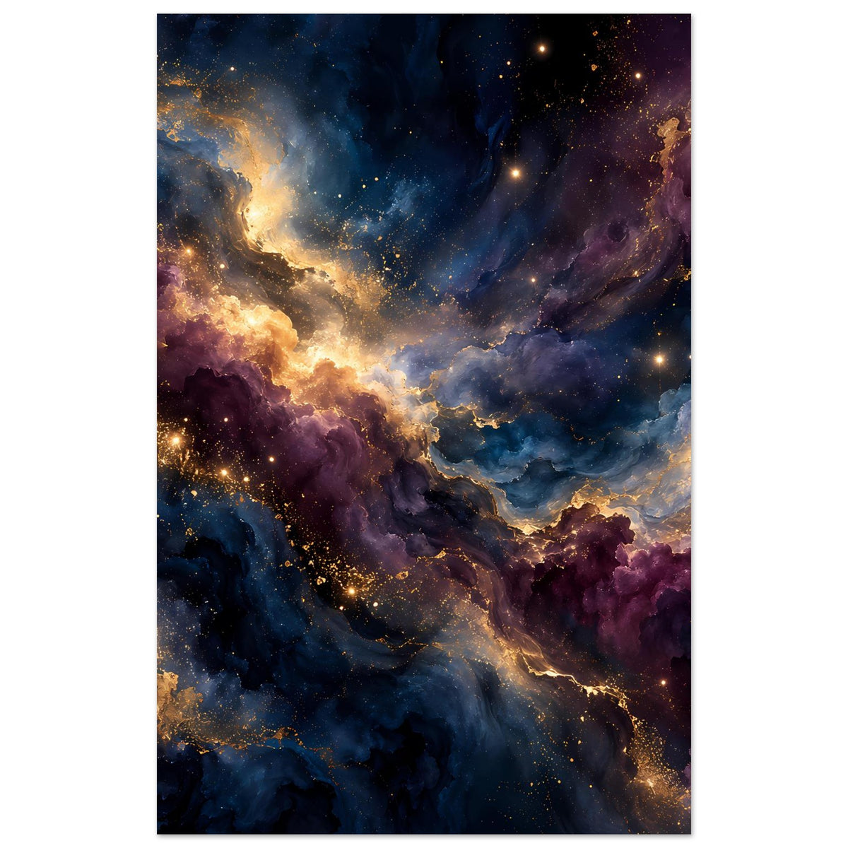 Poster mit Weltraumgalaxie in Vertikalformat: violette und blaue Nebel, goldene Lichtspuren