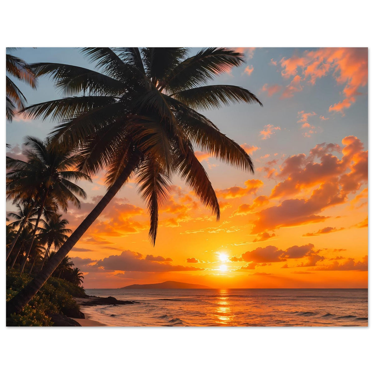 Horizontales Poster: Palmen, orangefarbener Sonnenuntergang und Reflexe auf dem Meer