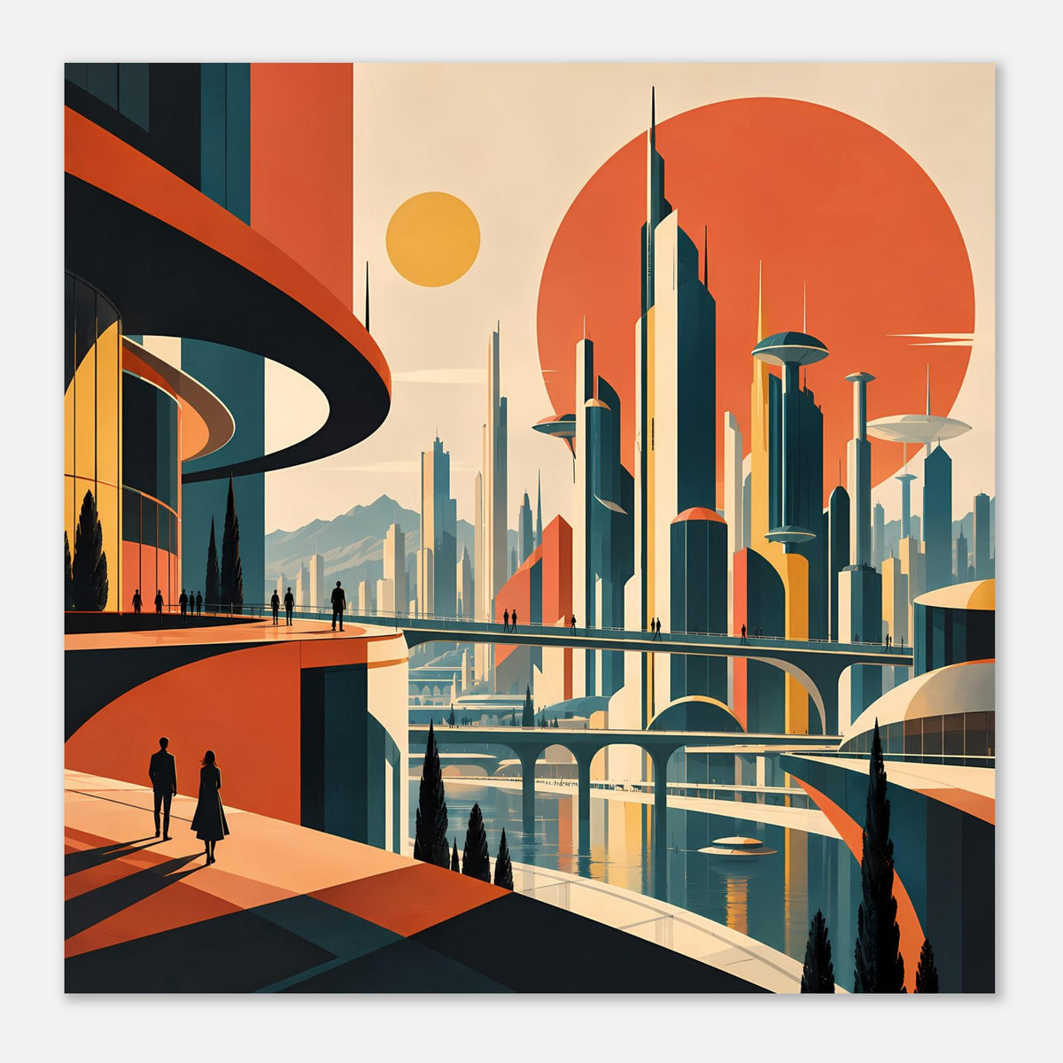 Poster im Querformat: Skyline mit orangefarbenem Sonnenkreis und geschwungener Promenade