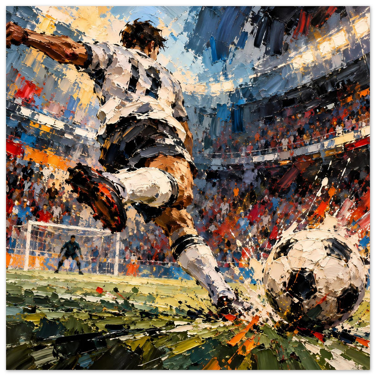 Fußball-Actionposter im Querformat: dynamischer Schuss, Torlinie und Publikum