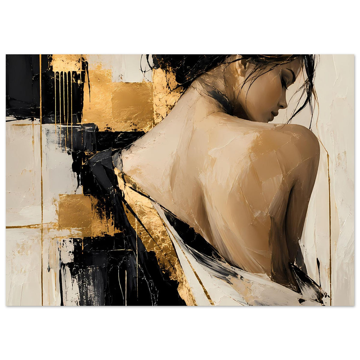Abstraktes Damenportrait-Poster, Frau im Profil mit goldenen und schwarzen Strukturen, Beige