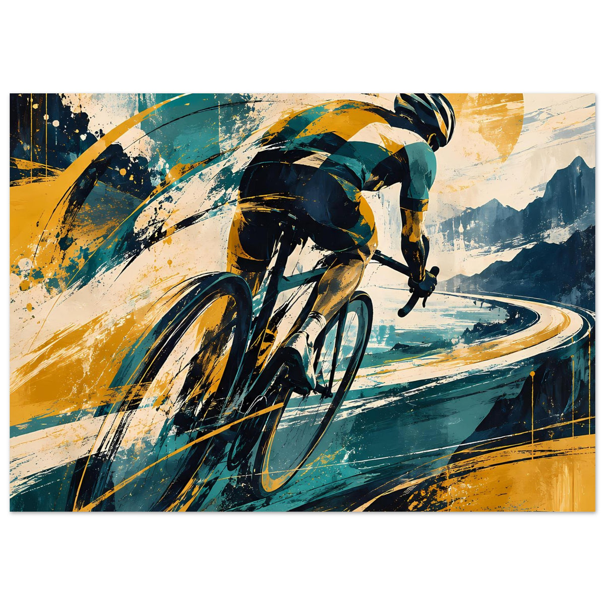 Sportposter im Querformat: Radfahrer in Bewegung, abstrakter Pinselstil in Blau und Gelb